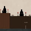 Traditional Buddhist Altar Setup With Two Golden Buddha Statues Red Candles And Fruit Offerings