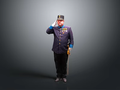 Man In Uniform Saluting With Badges Hat And Sword On Gray Background 3d model