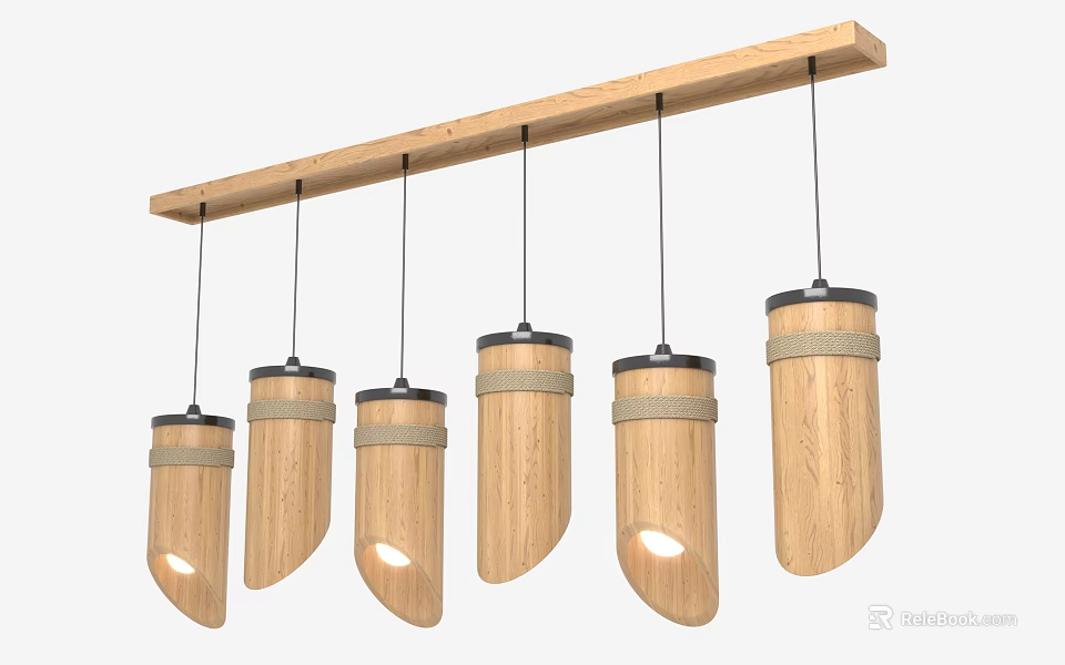Modern Wooden Pendant Lights With Five Cylindrical Lamps Linear Hanging Design And Natural Finish 3d model 