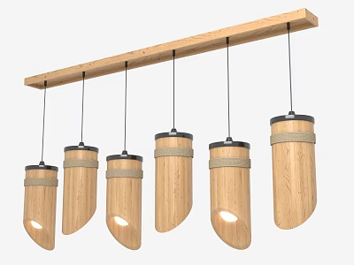 Modern Wooden Pendant Lights With Five Cylindrical Lamps Linear Hanging Design And Natural Finish 3d model