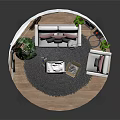 Contemporary Living Room Furniture Including Sofa Armchair Round Rug Potted Plants Decorative Paintings Wall Shelf