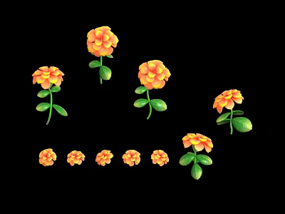 Orange Yellow Flowers With Green Leaves And Stems Arranged On Black Background 3d model