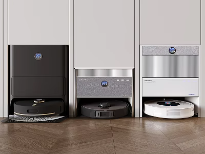 Robotic Vacuum Cleaners With Black Silver White Charging Docks Built In Cabinets On Wooden Floor 3d model