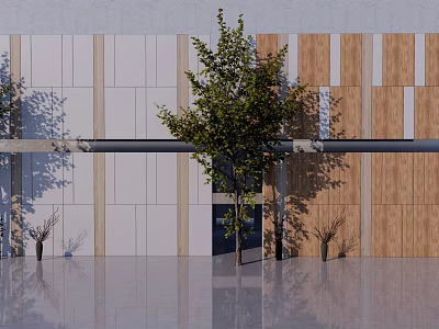 Modern Style Background Wall With White And Wooden Panels Tree And Plants On Smooth Floor 3d model