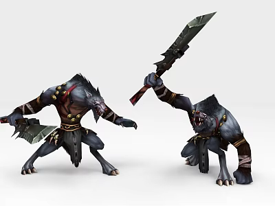 Game And Movie Mythical Wolf Warrior Characters With Weapons In Battle Stances 3d model