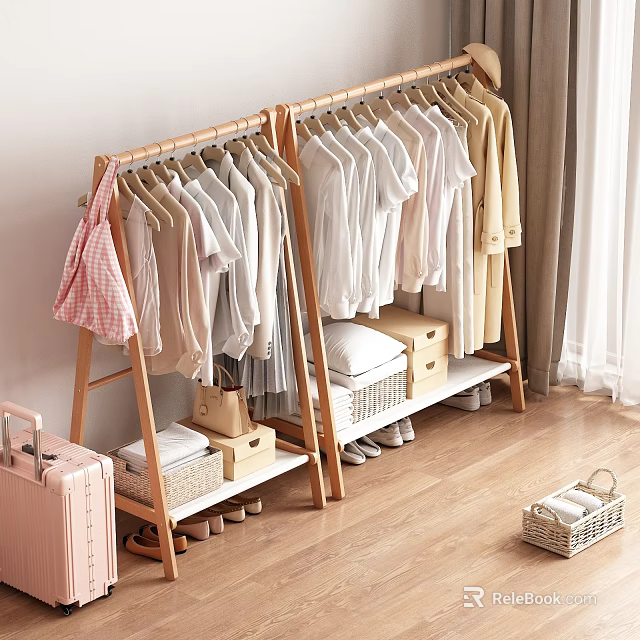 Double Wooden Clothes Rack With Hanging Clothes Storage Shelves Boxes Baskets And Shoes 3d model 