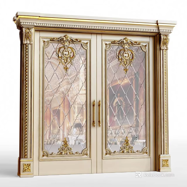 Luxurious Double Door with Gold Carvings and Glass Panels in Classic Design 3d model 