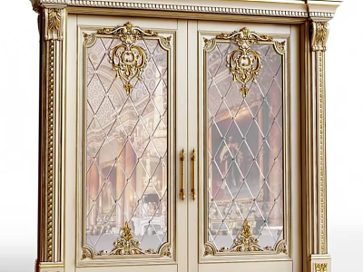 Luxurious Double Door with Gold Carvings and Glass Panels in Classic Design 3d model