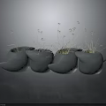 Green Plants In Multiple Gray Bird Shaped Pots With Slender Stems And Small Flowers