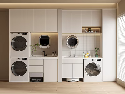 Modern Laundry Room Interior With Built in Washing Machines White Cabinets and Plants 3d model
