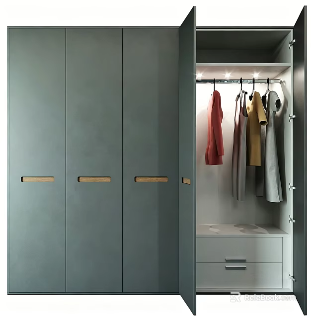 Sleek Modern Grey Wardrobe With Inner LED Lighting Hanging Clothes Space And Large Storage Drawers 3d model 
