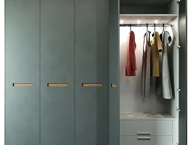 Sleek Modern Grey Wardrobe With Inner LED Lighting Hanging Clothes Space And Large Storage Drawers 3d model