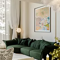 Elegant Living and Dining Room Interior With Green Sofa Crystal Chandelier and Large Window