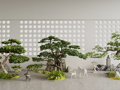 Miniature Garden Bonsai Trees With Decorative Deer Stone Lanterns And Green Plants 3d model