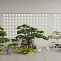 Miniature Garden Bonsai Trees With Decorative Deer Stone Lanterns And Green Plants