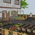 Rural Landscape With Courtyard Stone Path Vegetable Gardens Pergola And Leisure Seating