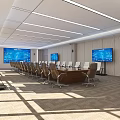 Modern Conference Room Featuring Large Table Multiple Screens White Chairs And Floor To Ceiling Windows