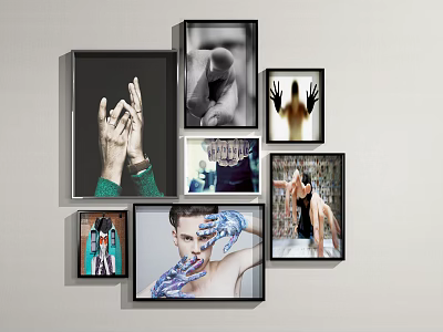 Multiple Portrait Paintings With Various Poses And Styles And Hand Close Ups Hanging On Wall 3d model