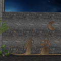 Landscape Sculpture With Figure Silhouettes Crescent Moon On Gray Brick Wall And Lanterns Green Plants