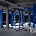 Blue Pipes in Industrial Interior with White Toilets and Sanitary Fixtures