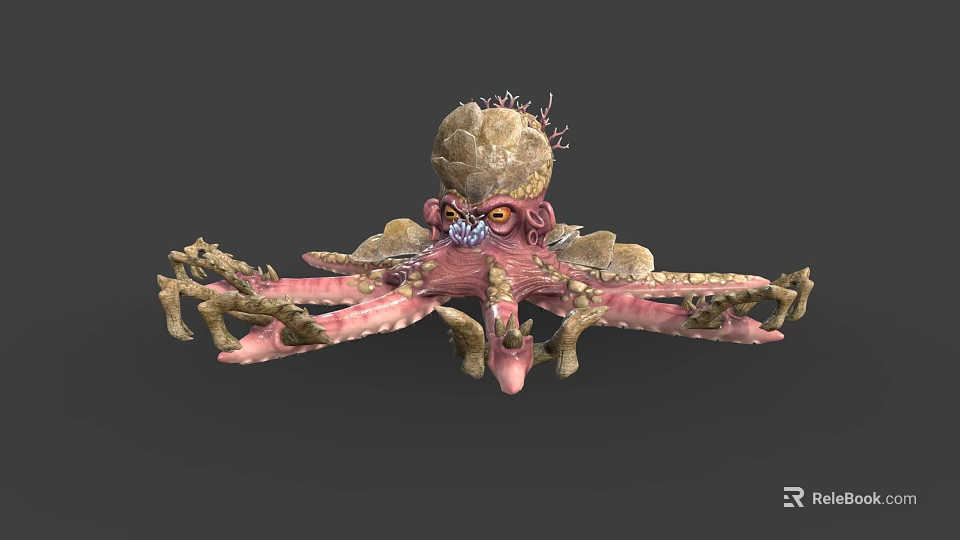 Fantasy Octopus Like Game Movie Character With Rock Head Multiple Tentacles And Pink Brown Color 3d model 