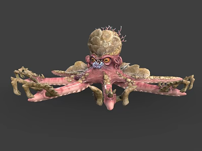 Fantasy Octopus Like Game Movie Character With Rock Head Multiple Tentacles And Pink Brown Color 3d model