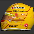 Yellow Race Car Helmet With Red Stripes Ferrari Logo And Sponsor Brands