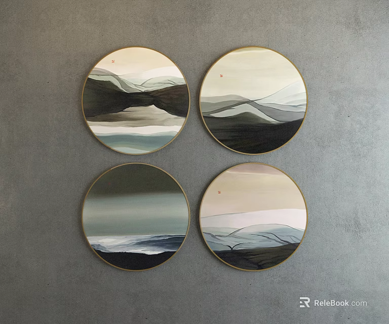 Four Round Framed Mountain Landscape Paintings On Gray Wall With Golden Frames 3d model