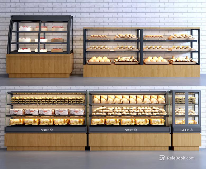 Bakery Display Shelves With Glass Cases And Wooden Bases Holding Assorted Pastries And Bread 3d model 
