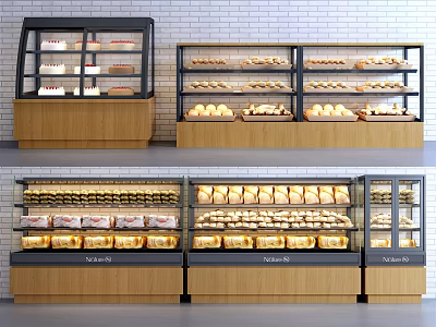Bakery Display Shelves With Glass Cases And Wooden Bases Holding Assorted Pastries And Bread 3d model