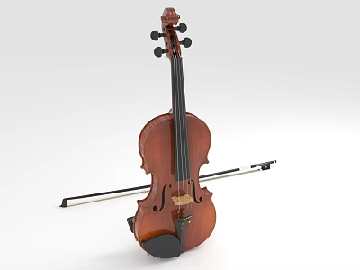 Classic Wooden Violin With Bow Brown Body String Instrument For Musical Performance And Practice 3d model