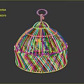 Colorful Parrot Perched Inside Dome Shaped Bamboo Birdcage With Hook 3d model