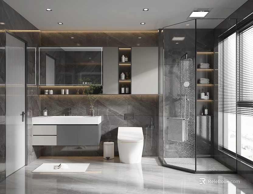 Modern Bathroom Interior Design With Glass Shower White Vanity Toilet And Window Blinds 3d model 