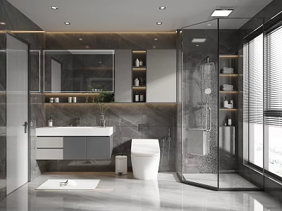 Modern Bathroom Interior Design With Glass Shower White Vanity Toilet And Window Blinds 3d model