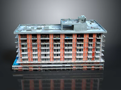 Multi Story Red Brick Building With Multiple Windows Gray Roof And Scaffolding 3d model