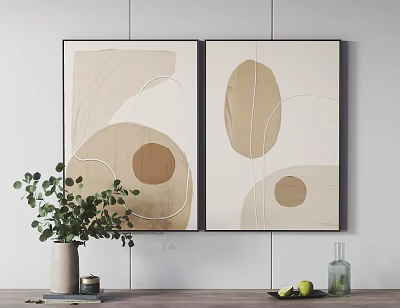 Two Panel Abstract Painting With Soft Beige Brown Tones Geometric Curves And Circles Wall Art 3d model