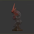 Ornate Head Sculpture With Red Horns And Metal Mesh Structure On Base