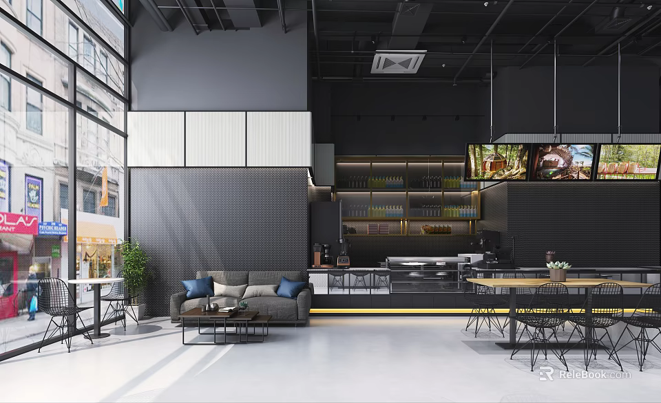 Stylish Modern Cafe Interior Design With Comfortable Seating Bar And Large Windows 3d model 