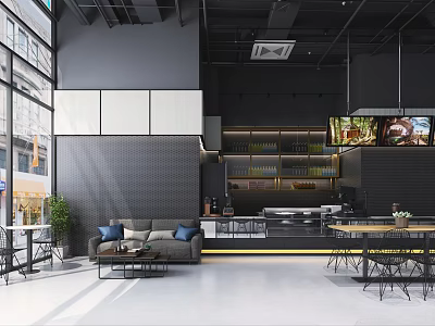 Stylish Modern Cafe Interior Design With Comfortable Seating Bar And Large Windows 3d model