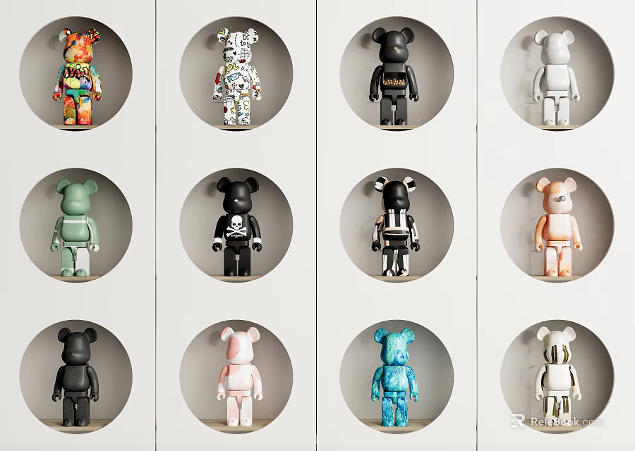 Stylish Bear Figurines With Diverse Colorful Designs In Circular Display Frames 3d model