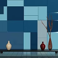 Home Decor Blue Square Wall Tiles With Three Vases White Red Brown On Black Table