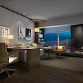 Modern Hotel Room Interior With Floor to Ceiling Windows City Night View And Comfortable Seating