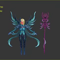 Mythical Character With Turquoise Wings White Hair Red Eyes Ornate Outfit And Black Decorated Staff