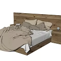 Cozy Wooden Double Bed With Beige Blanket Pillows And Wooden Nightstand