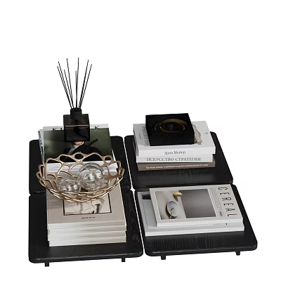 Elegant Decorative Ornament Set With Stacked Books Aromatherapy Diffuser Metal Basket And Glass Balls 3d model