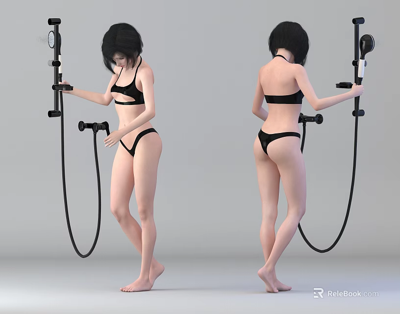 Modern Shower Fixture Design With Handheld Showerhead And User Demonstration Scenes 3d model 
