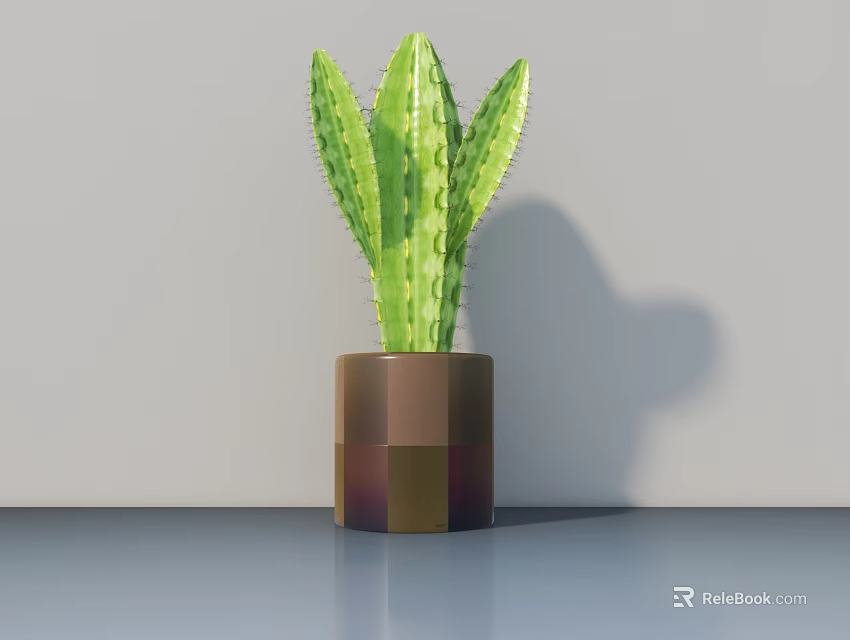 Modern Cactus Bonsai Potted Plant In Brown And Gold Square Pot On Smooth Gray Tabletop 3d model 