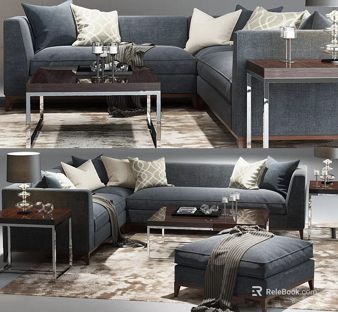 Cozy Gray Sofa and Coffee Table Set with Metal Frame Throw Pillows and Side Table 3d model