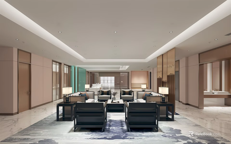 Modern Lounge Area With Black Sofas Coffee Tables And Decorative Rug 3d model