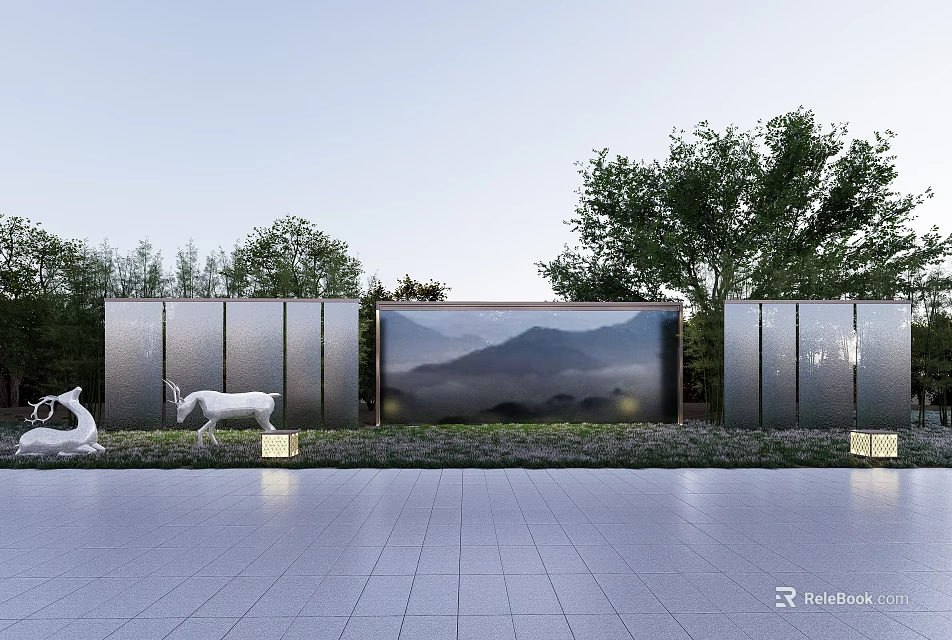 Modern Feature Wall Design With Mountain Landscape Art White Sculptures Greenery And Lighting 3d model 